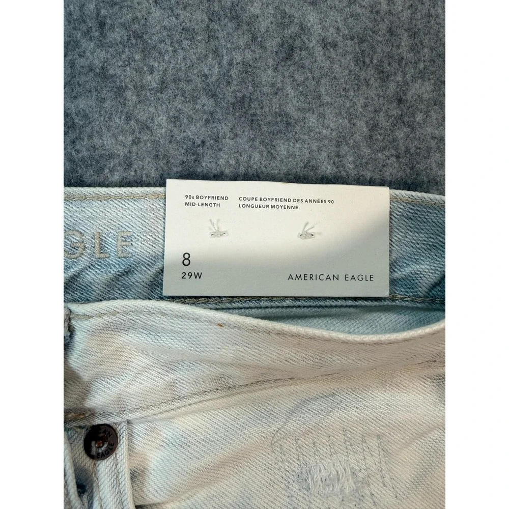 American Eagle 90s Boyfriend Mid-Length Distressed Denim Shorts Light Wash 8